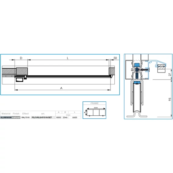 AluminiumTolókapu - 6x2,045m / 20x100 R7016 betéttel (Lapraszerelt)